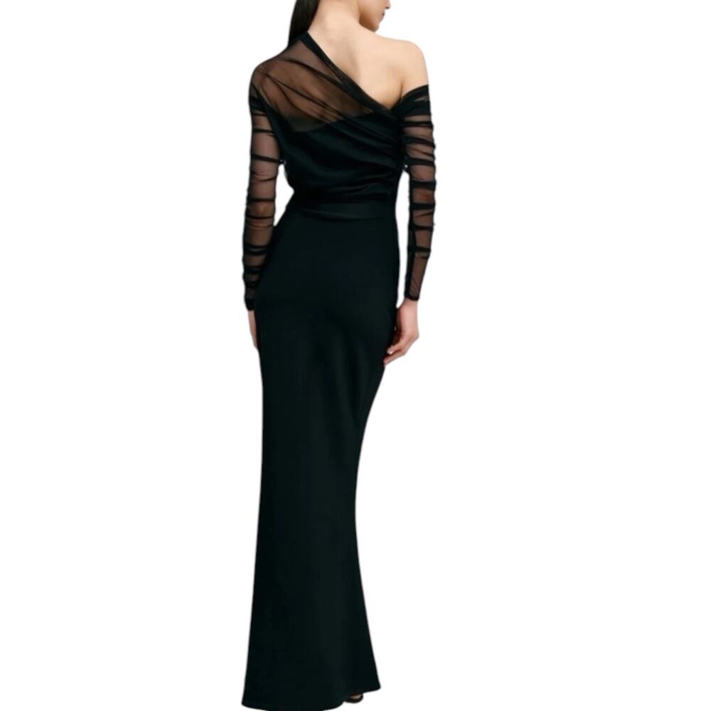 NWOT Marcella Monroe Long Sleeve Mermaid Gown Large Black Sheer Mesh Ponte Knit - Picture 2 of 8
